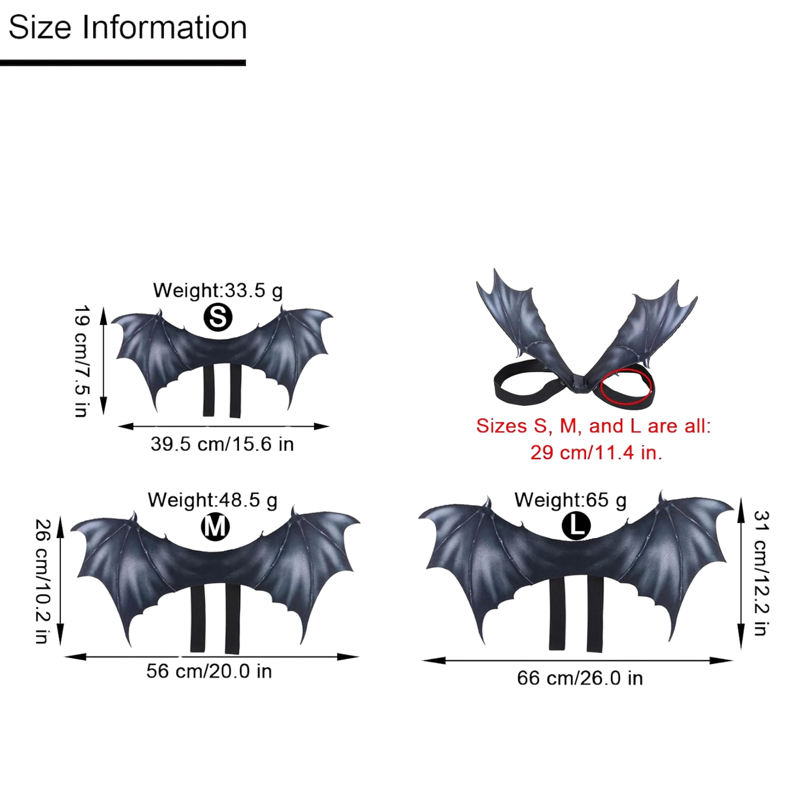 Size chart for bat wings with measurements and weights on a white background
