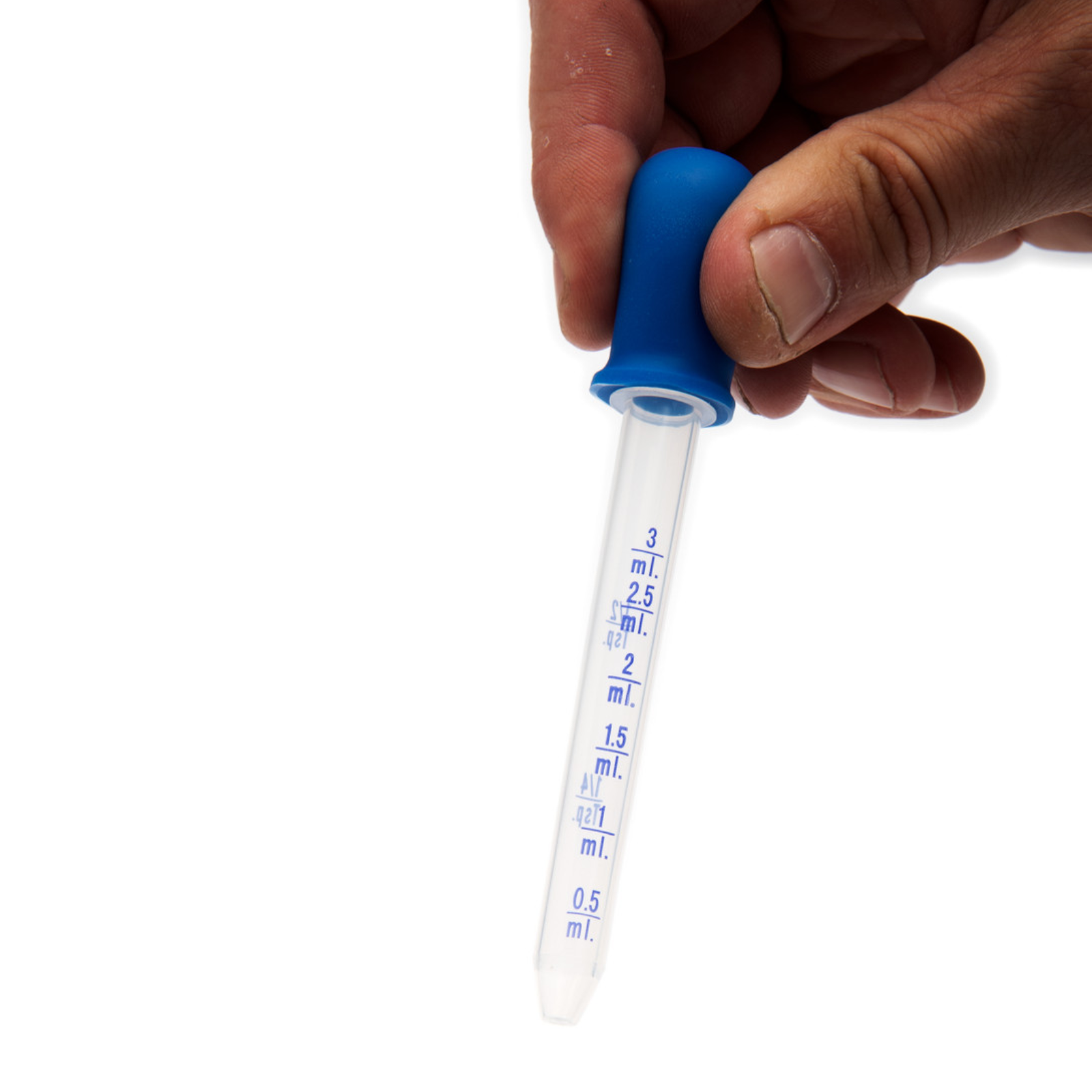 Hand holding a small glass measuring device with blue cap on a white background