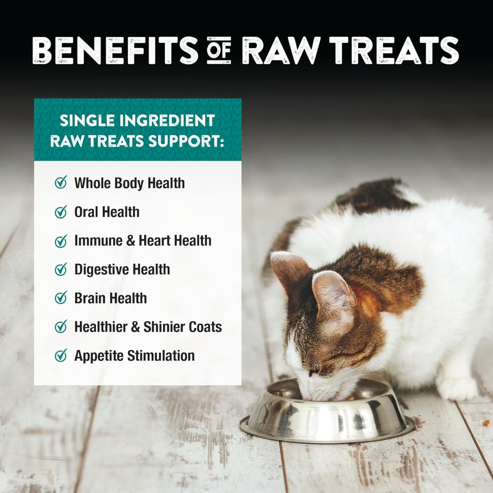 Cat eating from a bowl with text about the benefits of raw treats on a wooden floor.
