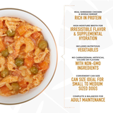 Dog food can with text highlighting ingredients and benefits on a white background