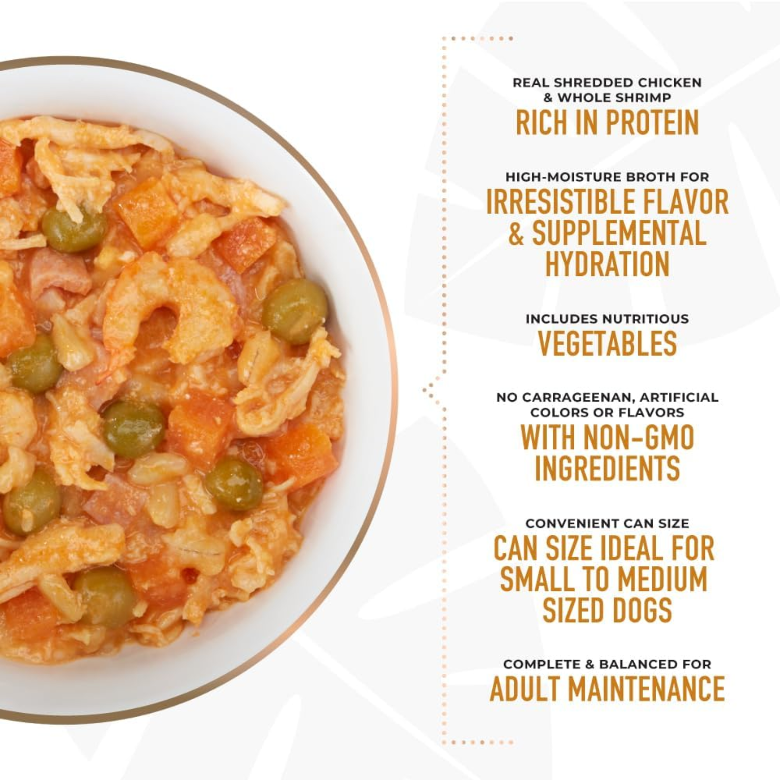 Dog food can with text highlighting ingredients and benefits on a white background