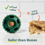 Green rubber toy with a piece of rawhide and text indicating 'natural rubber' and 'scary shards'.