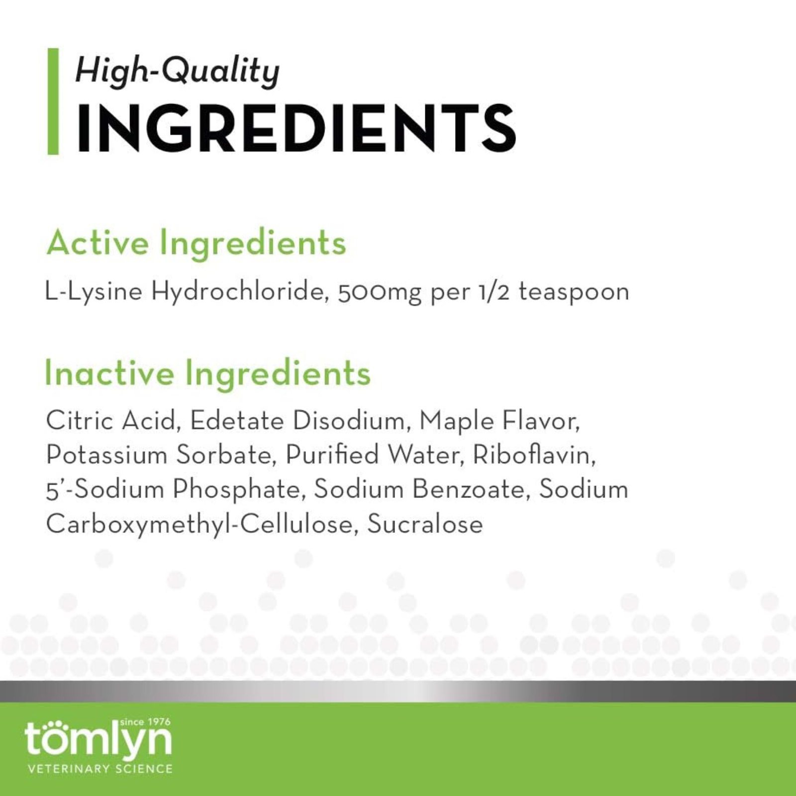 List of active and inactive ingredients with Tomlyn logo on a white background