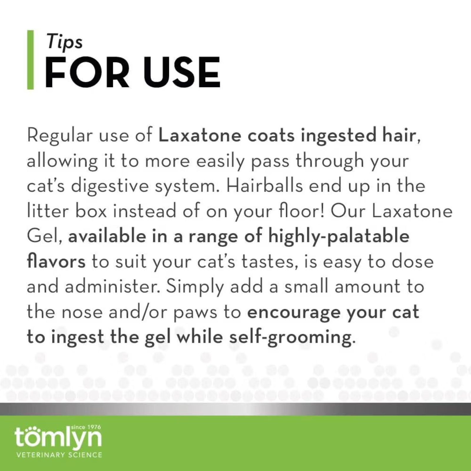 Text describing Laxatone gel for cats, with a white background and Tomlyn logo.