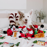 Dog surrounded by festive dog toys on a bed