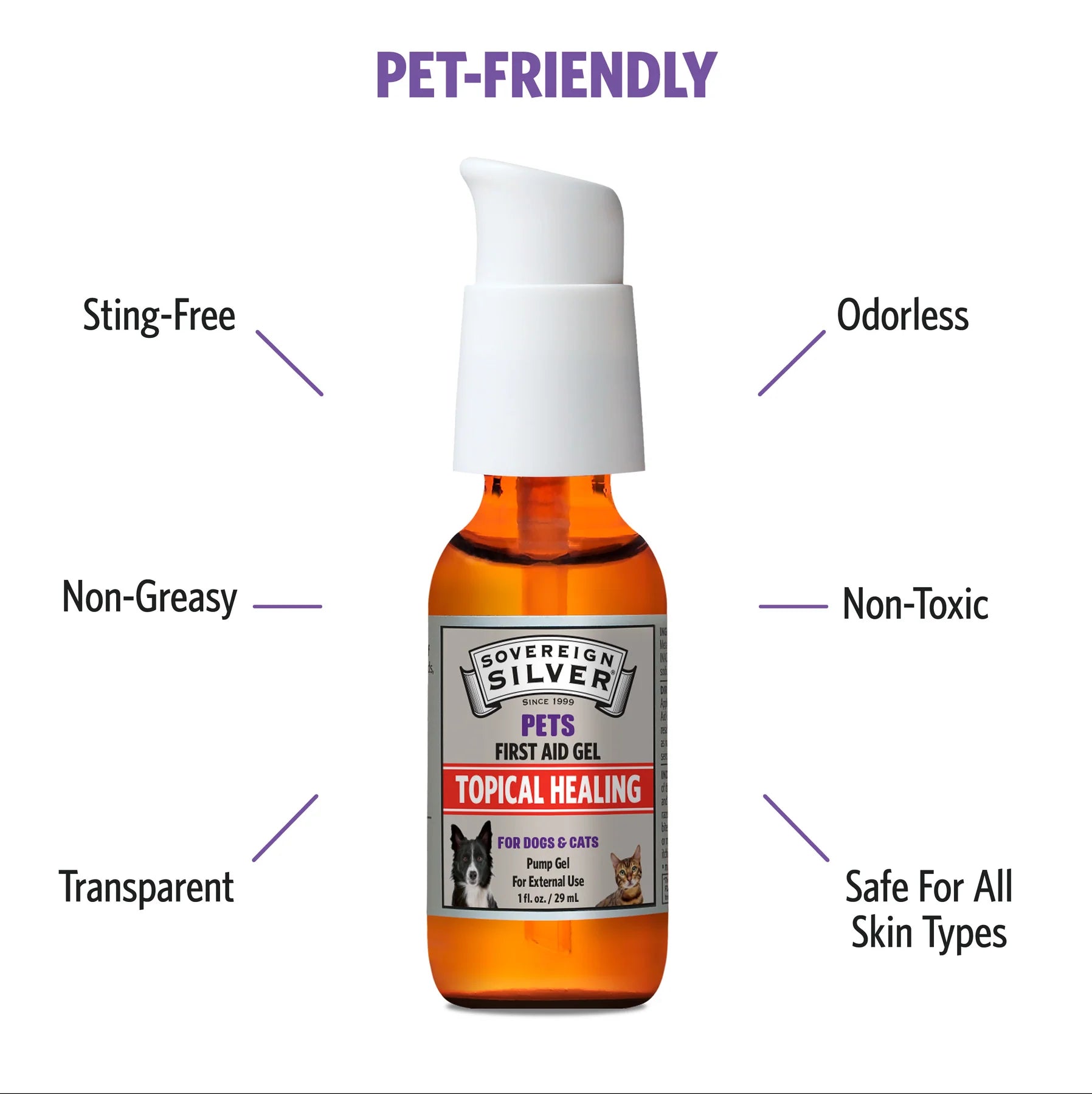 Bottle of Sovereign Silver Pets First Aid Gel with product features listed on a white background