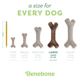 Benebone dog chew toy sizes chart with measurements and Benebone branding.