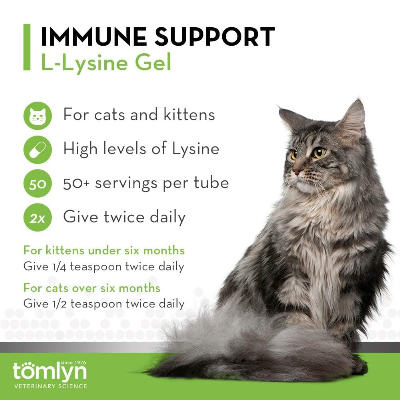 Cat with immune support L-Lysine Gel information on a white background