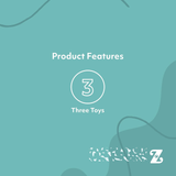 Teal background with 'Product Features' text and a number '3' indicating three toys.