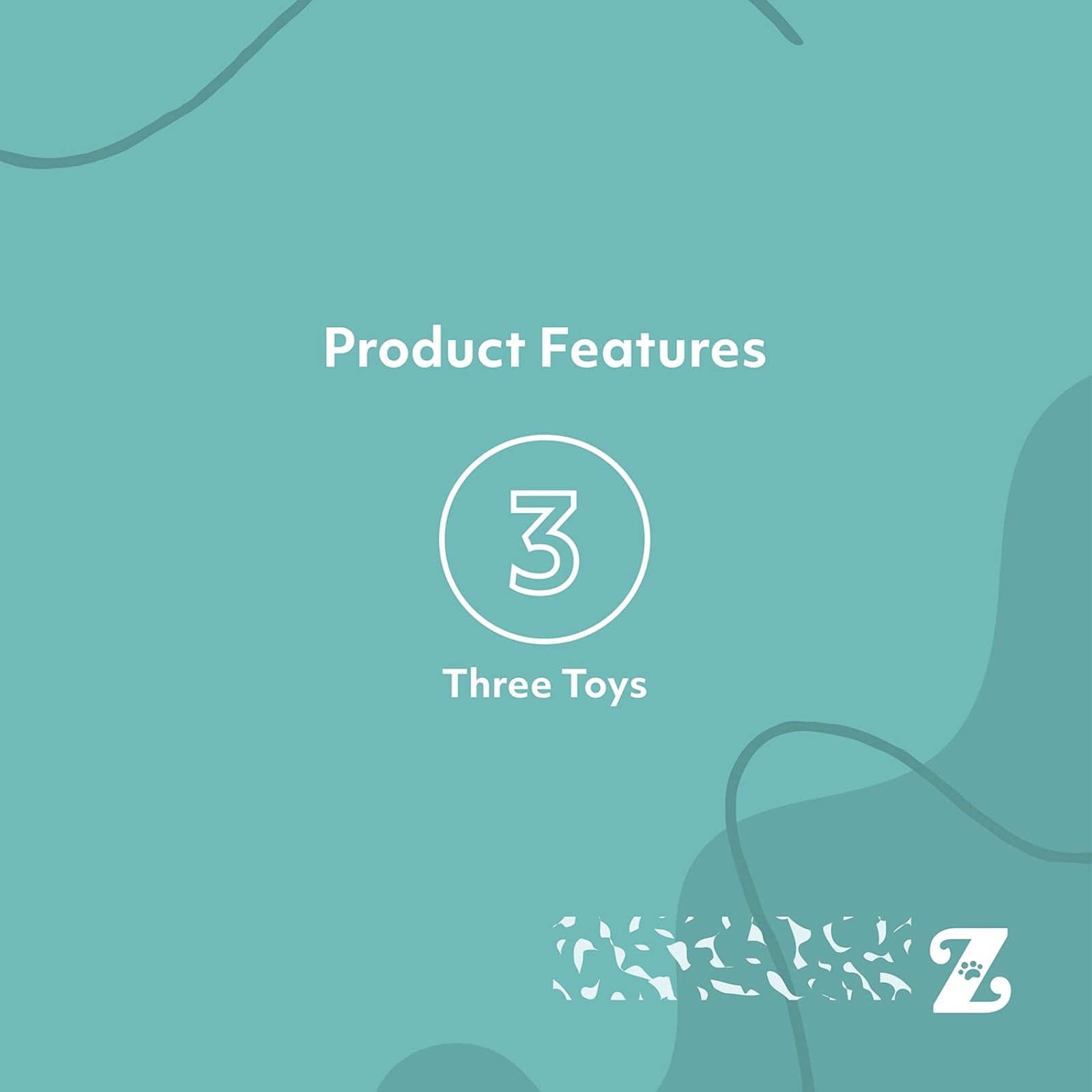 Teal background with 'Product Features' text and a number '3' indicating three toys.