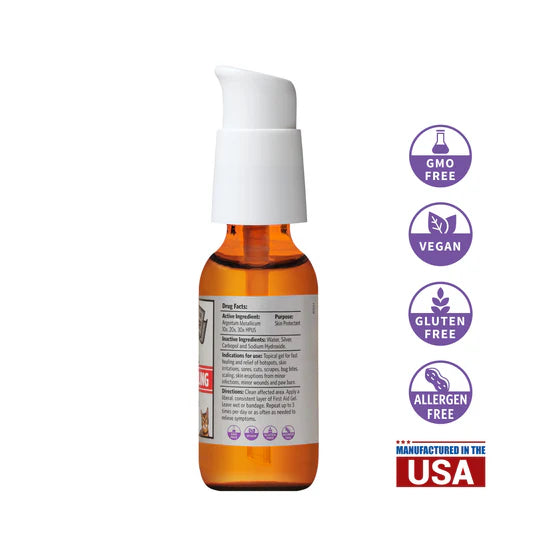 Bottle with a white cap on a white background, featuring certification logos for GMO-free, vegan, gluten-free, and allergen-free products, along with a 'Manufactured in the USA' label.