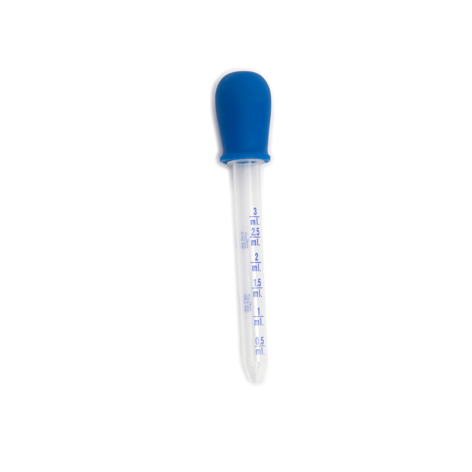 Clear dropper with blue rubber cap on a white background
