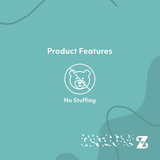 Teal background with 'Product Features' text and a bear icon labeled 'No Stuffing'.