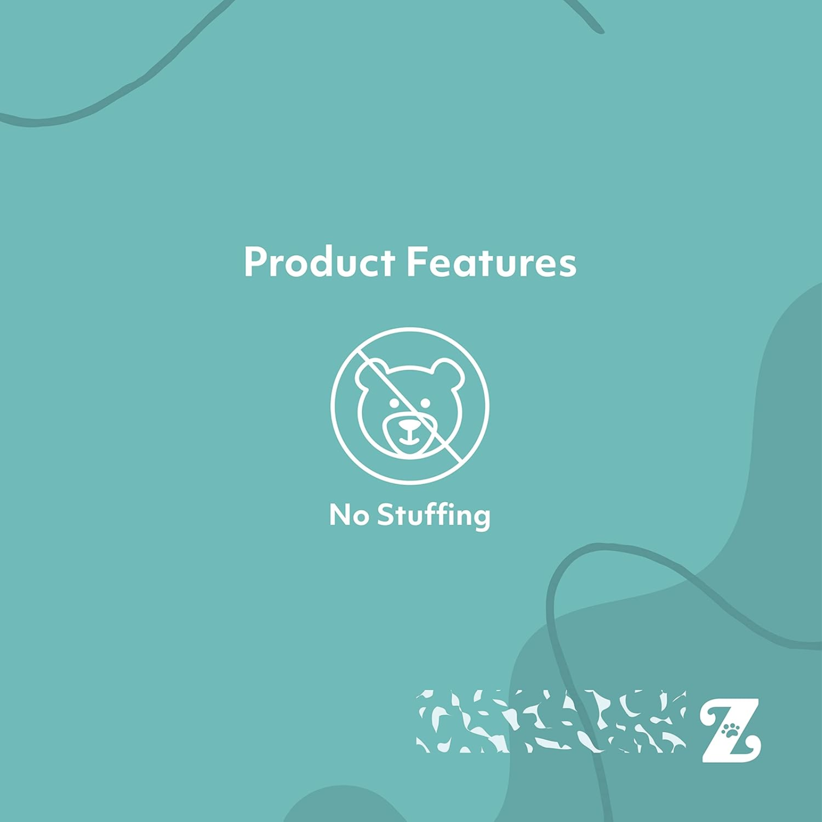 Teal background with 'Product Features' text and a bear icon labeled 'No Stuffing'.