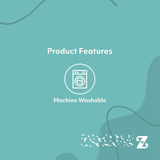 Product features card with machine washable icon and text on a teal background