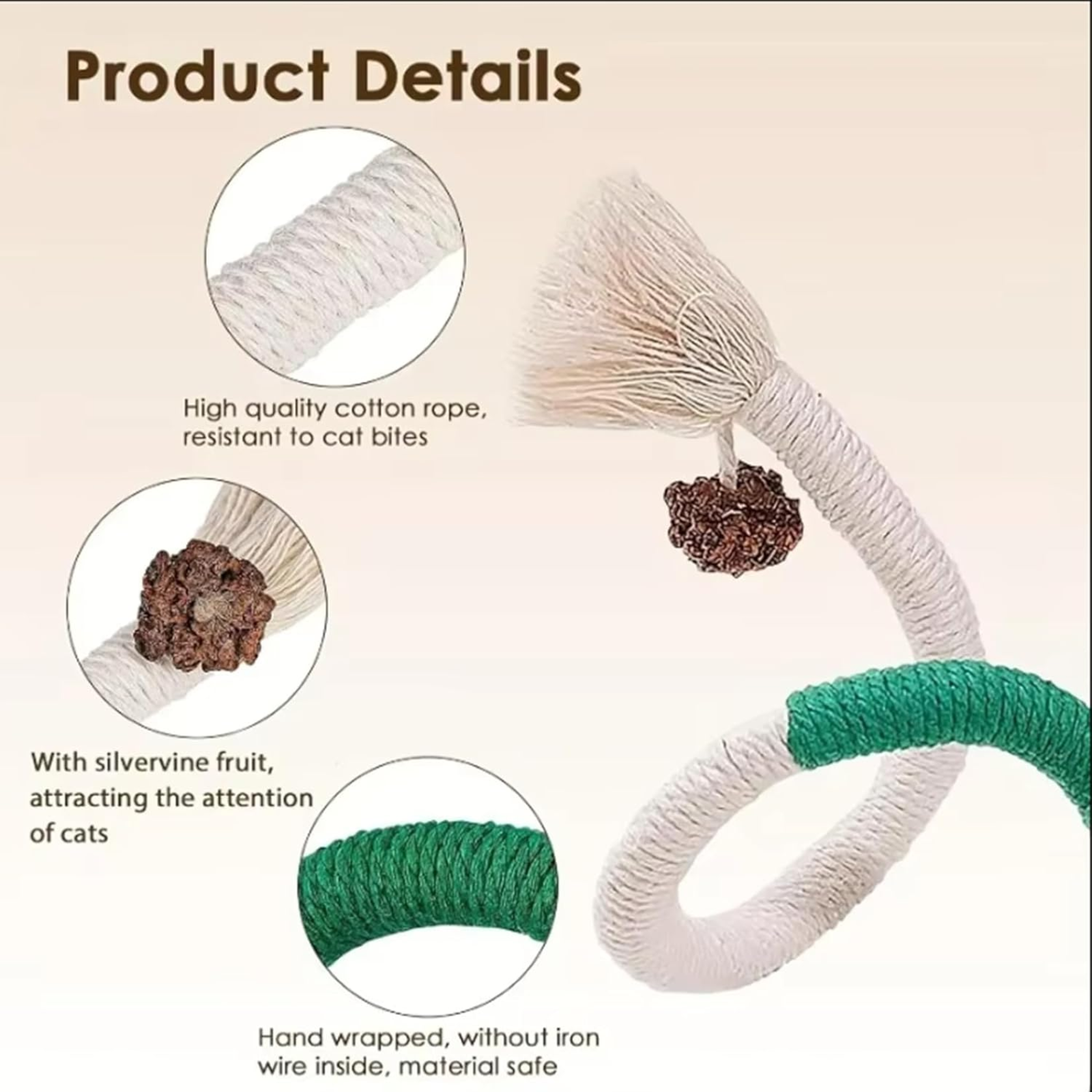 Cat toy with cotton rope and silvervine fruit on a beige background