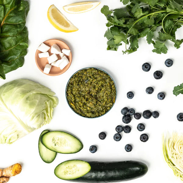 Assorted fresh vegetables and a bowl of green pesto on a white background
