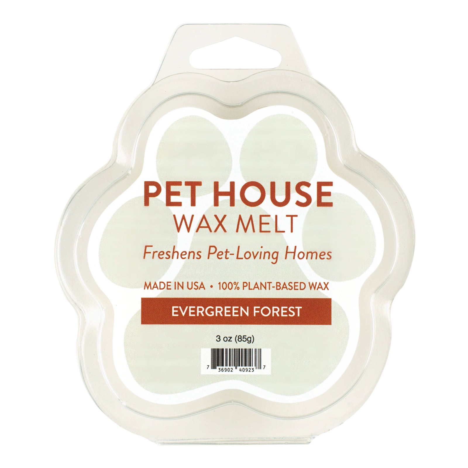 Pet House Wax Melt packaging with 'Evergreen Forest' scent on a white background