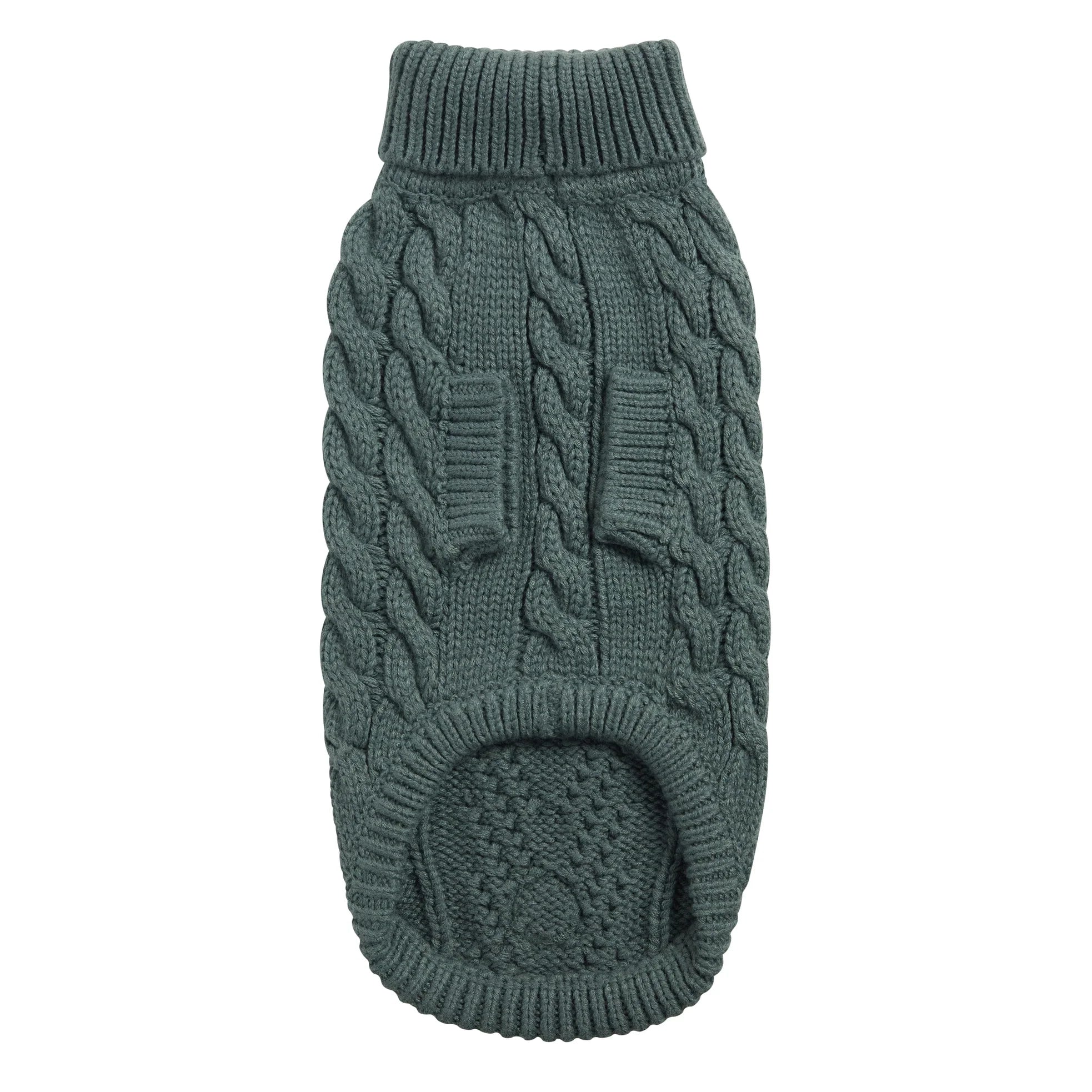 Green knitted dog sweater on a white background