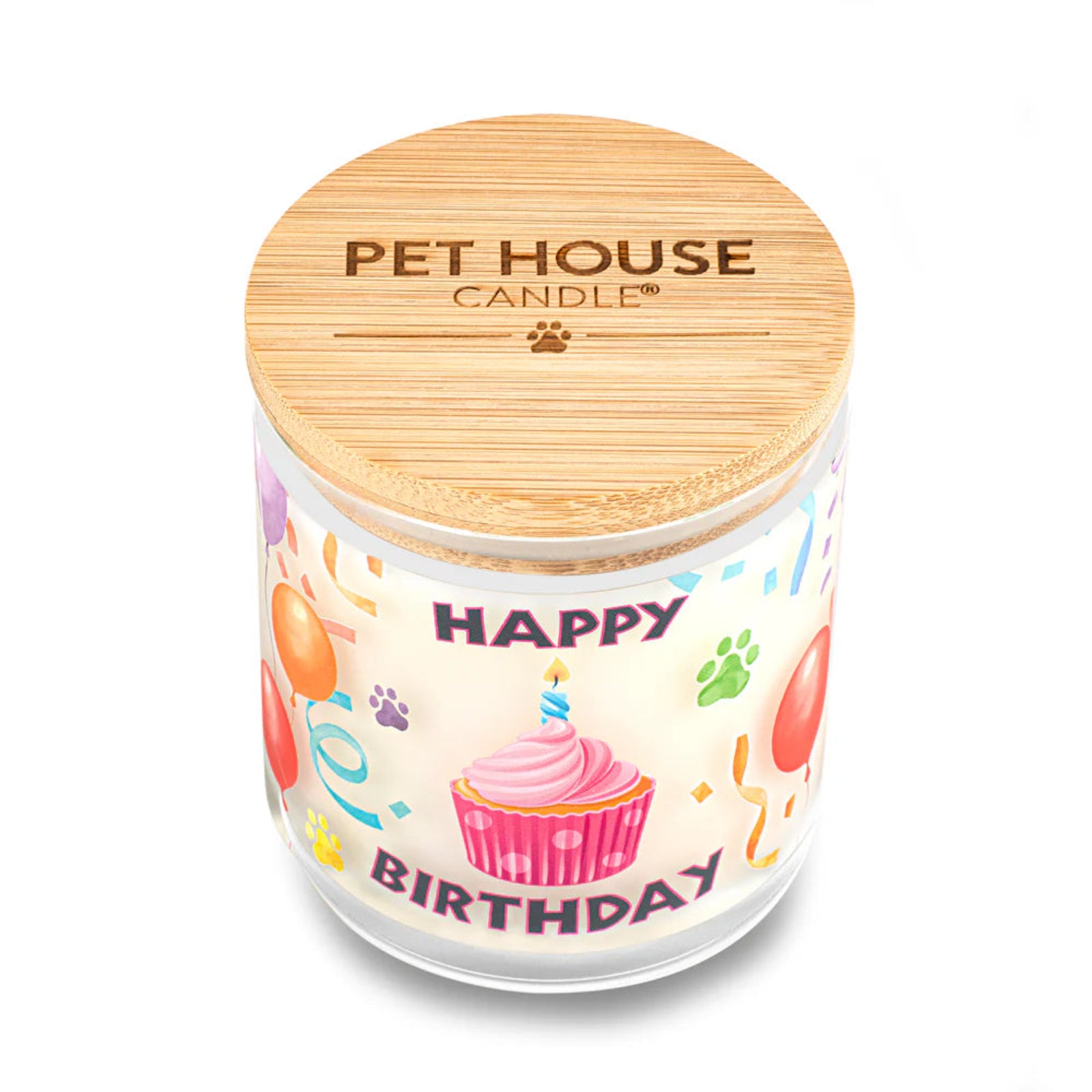 Pet House Candle with 'Happy Birthday' design and wooden lid on a white background
