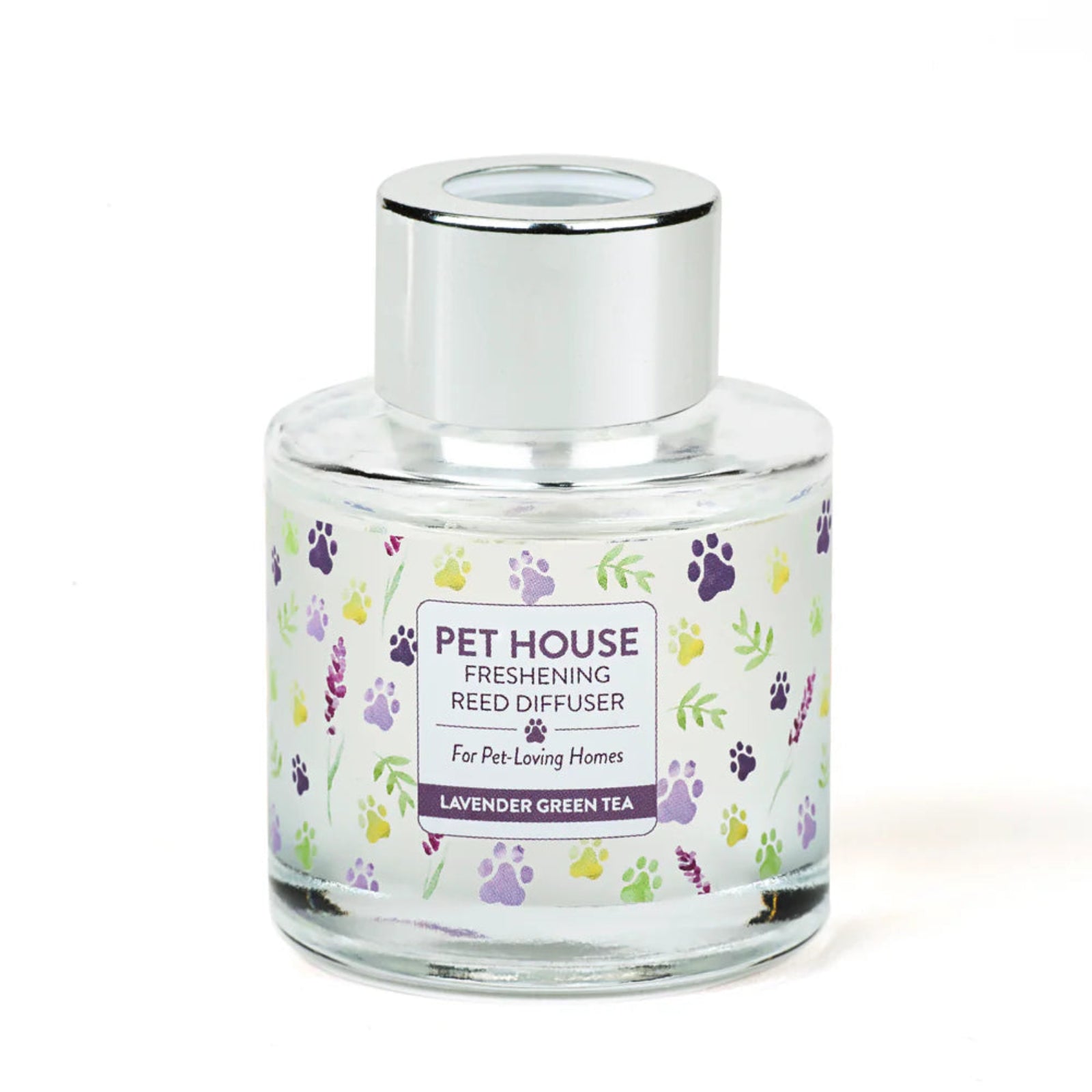 Pet House Freshening Reed Diffuser with paw print design on a white background