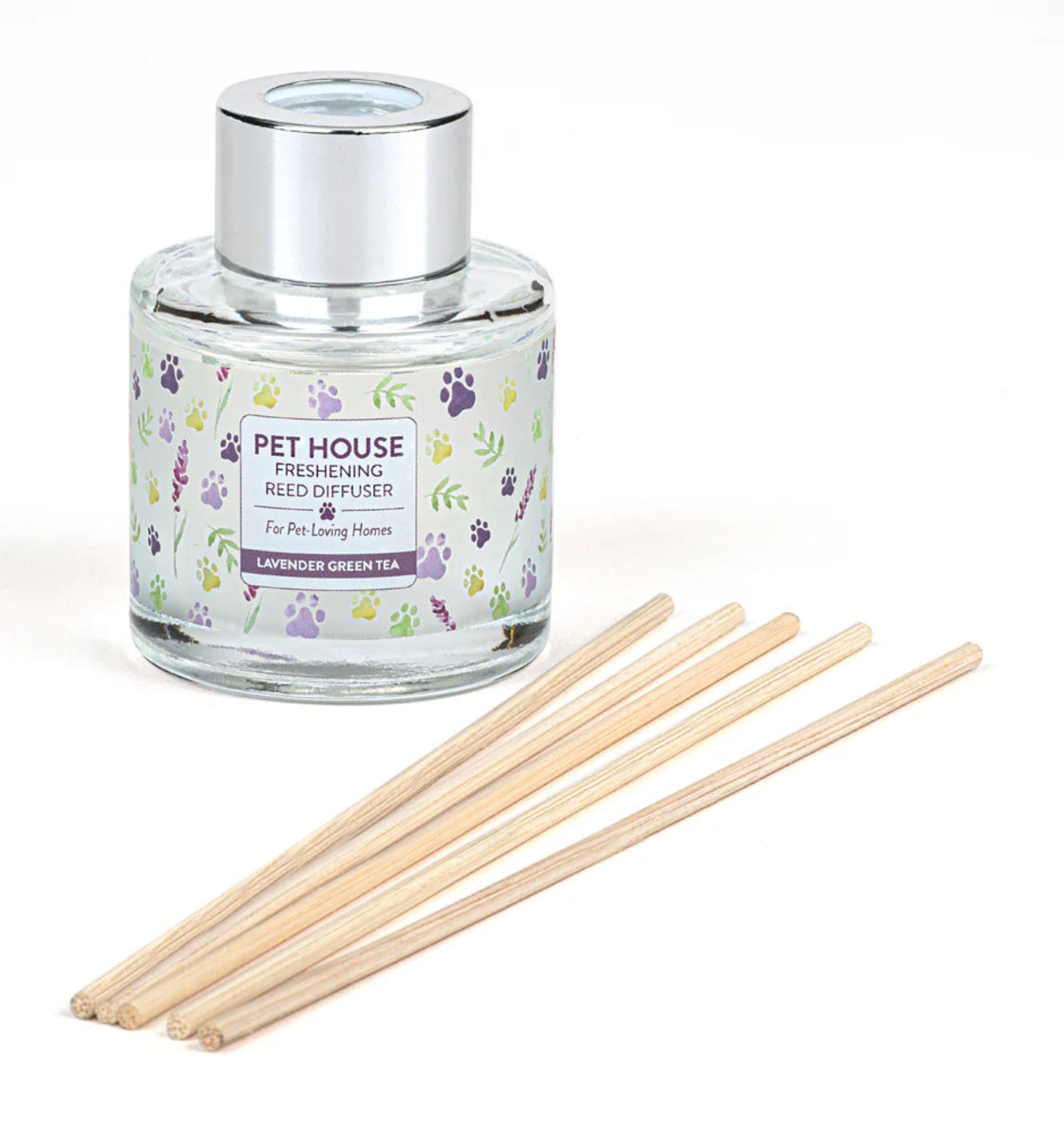 Pet House reed diffuser with wooden sticks on a white background