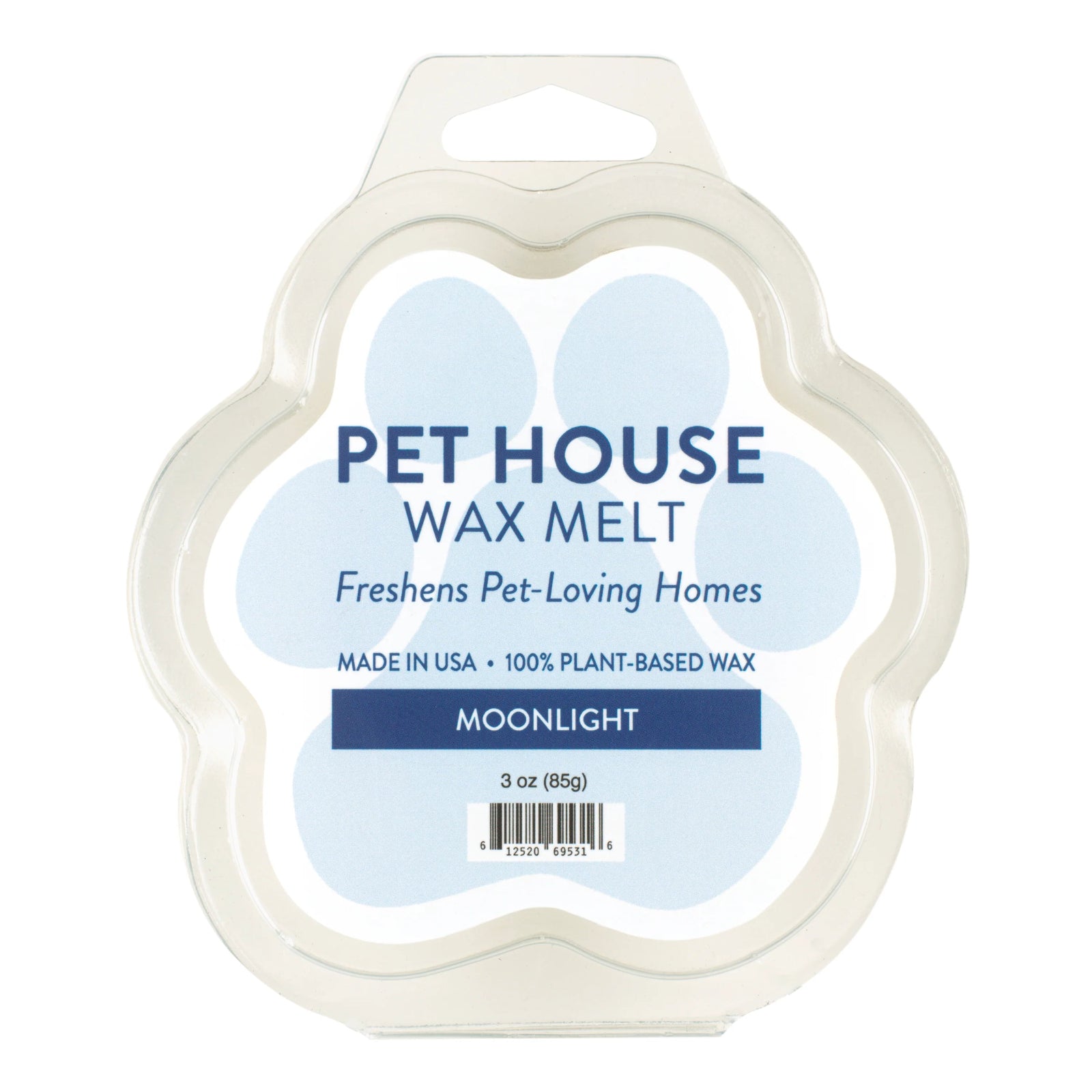 Pet House Wax Melt packaging with paw shape and 'Moonlight' flavor on a white background