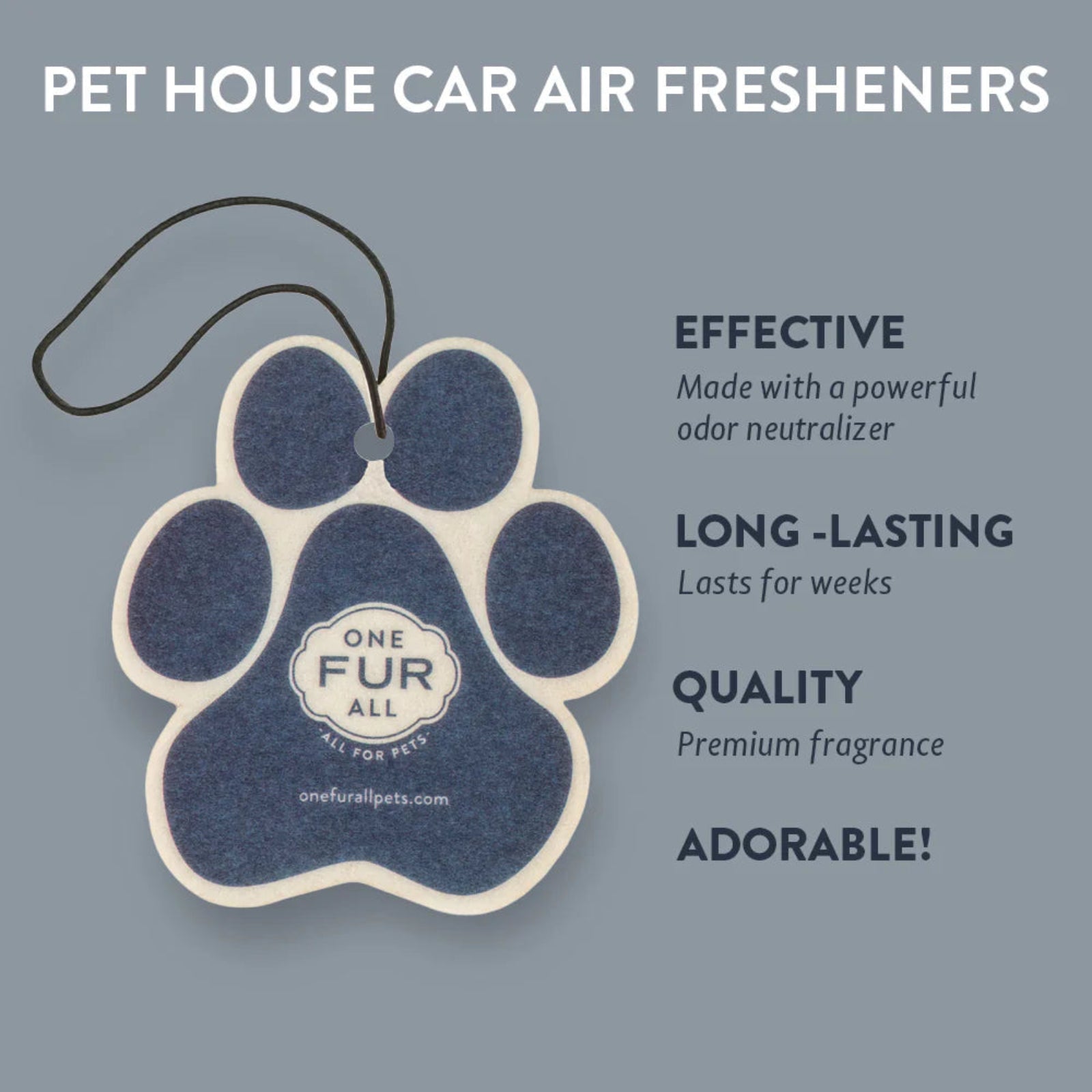 Pet house car air freshener with paw shape and 'One Fur All' branding on a gray background.