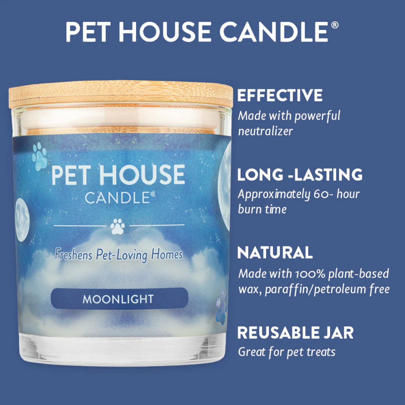 Pet House Candle with blue label and wooden lid on a blue background