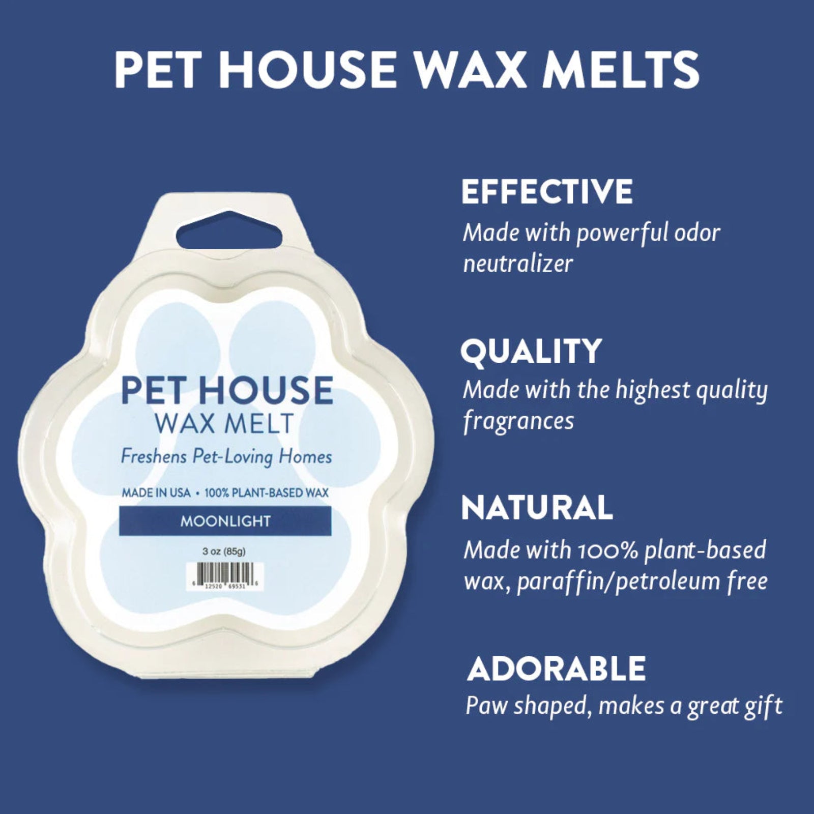 Pet House Wax Melt packaging with product details on a blue background