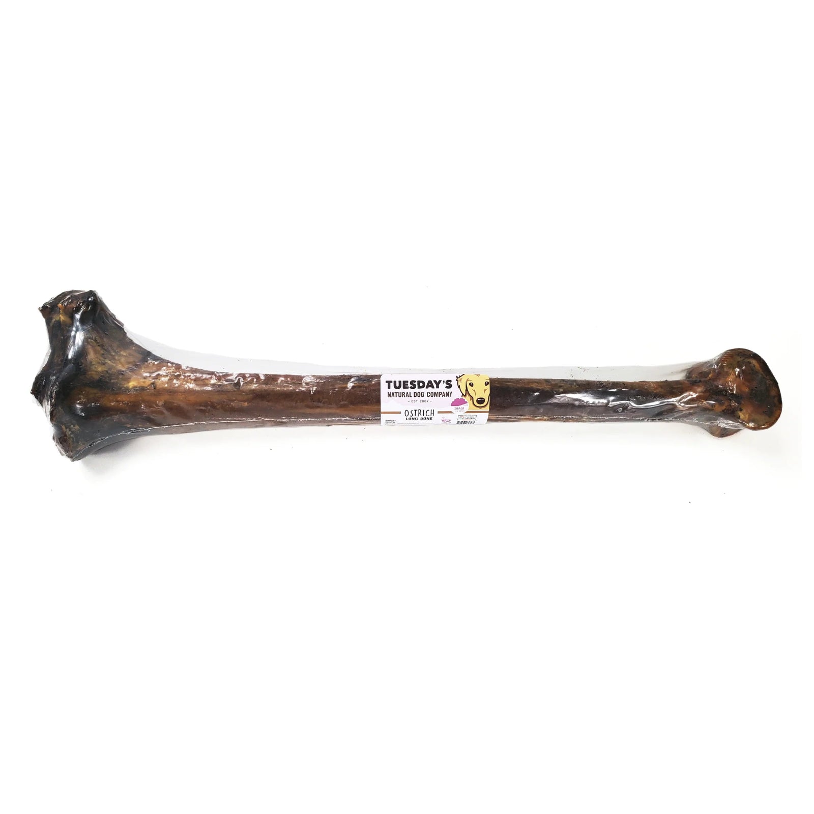 Dog chew bone with a label on a white background