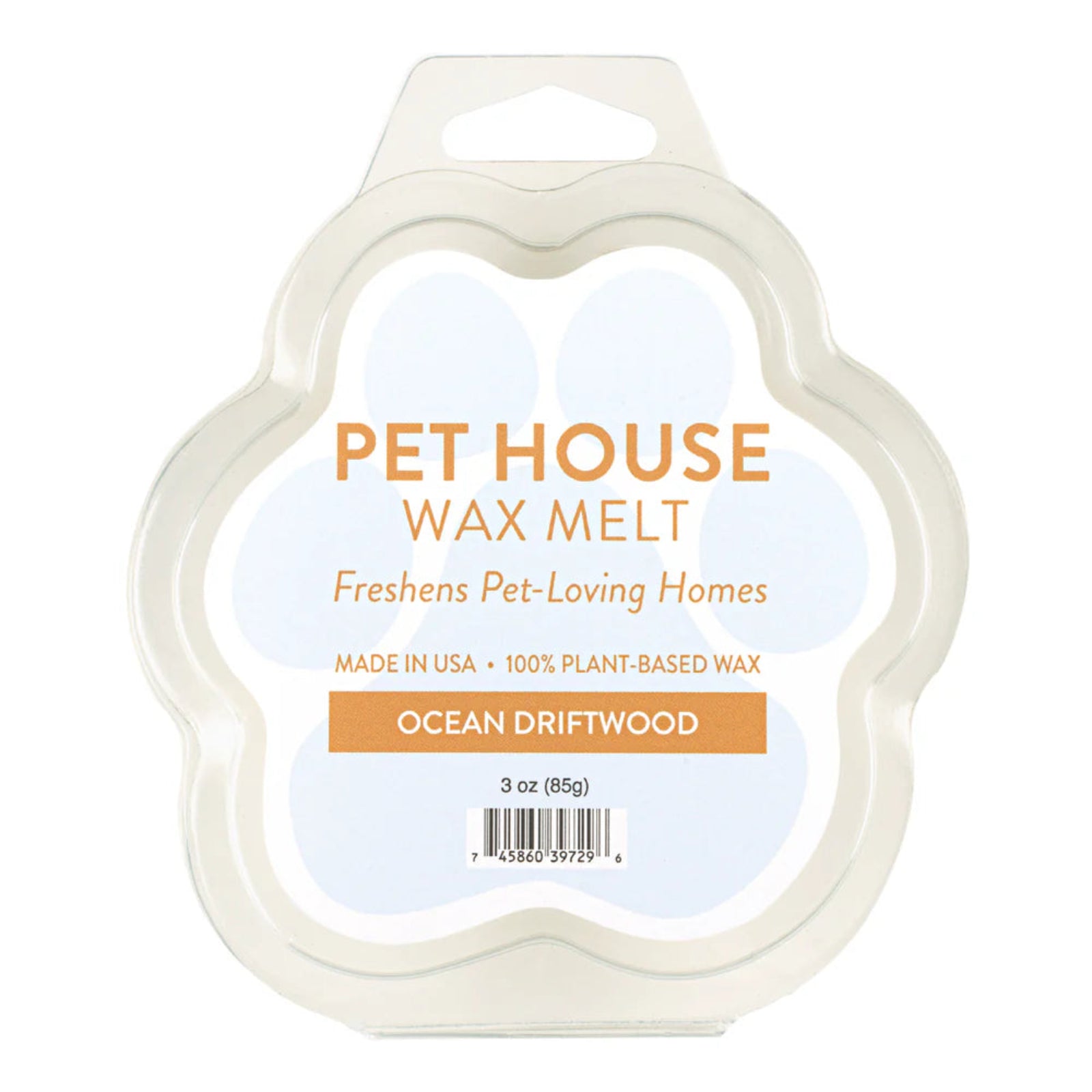 Pet House Wax Melt packaging with 'Ocean Driftwood' scent on a white background