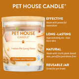 Pet House Candle with features listed on an orange background