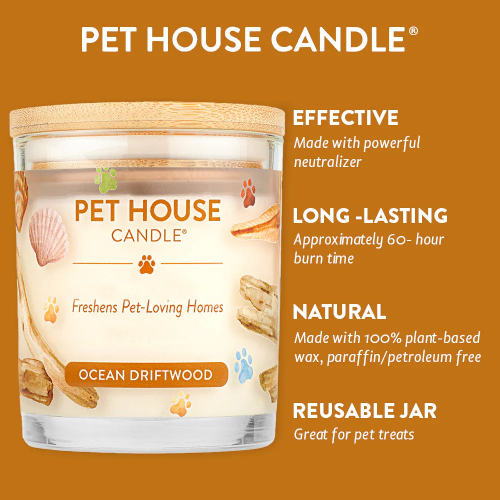 Pet House Candle with features listed on an orange background