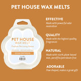 Pet House Wax Melt packaging with product details on a brown background