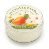 Pet House Candle labeled 'Pear Orchard' on a white background
