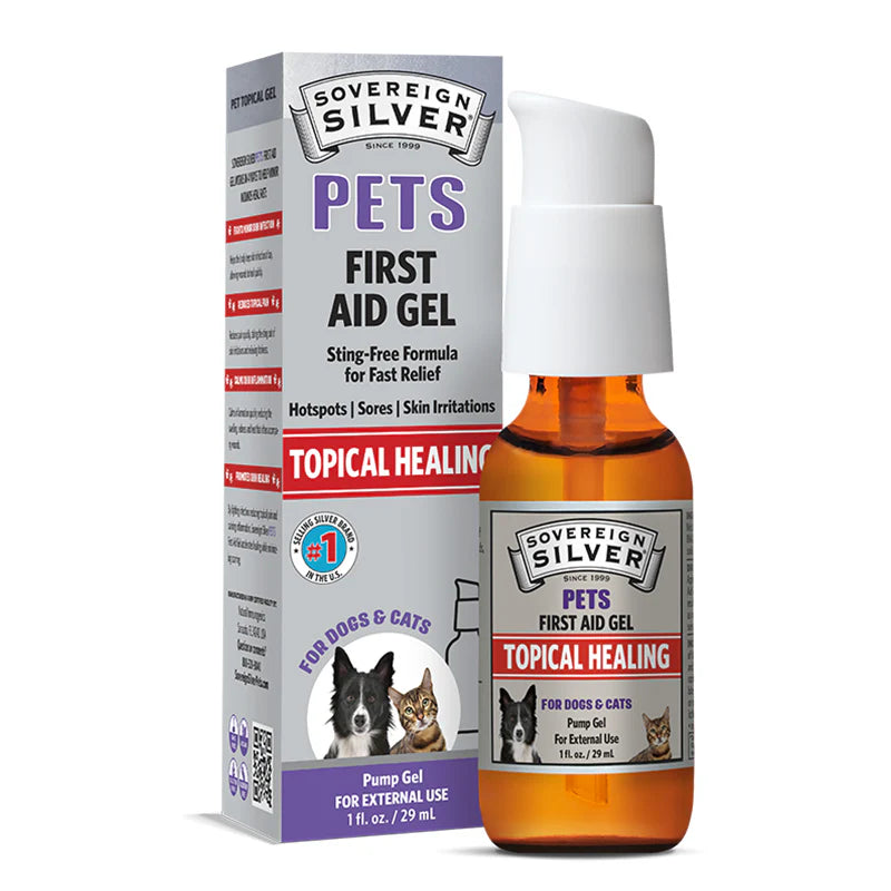 Sovereign Silver Pets First Aid Gel packaging and bottle on a white background
