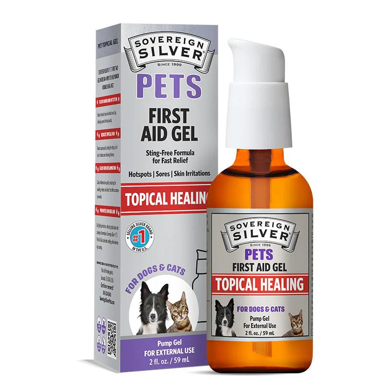 Sovereign Silver Pets First Aid Gel packaging and bottle on a white background
