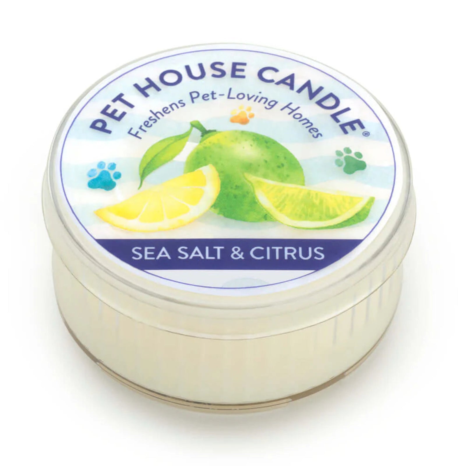 Pet House Candle with sea salt and citrus scent on a white background