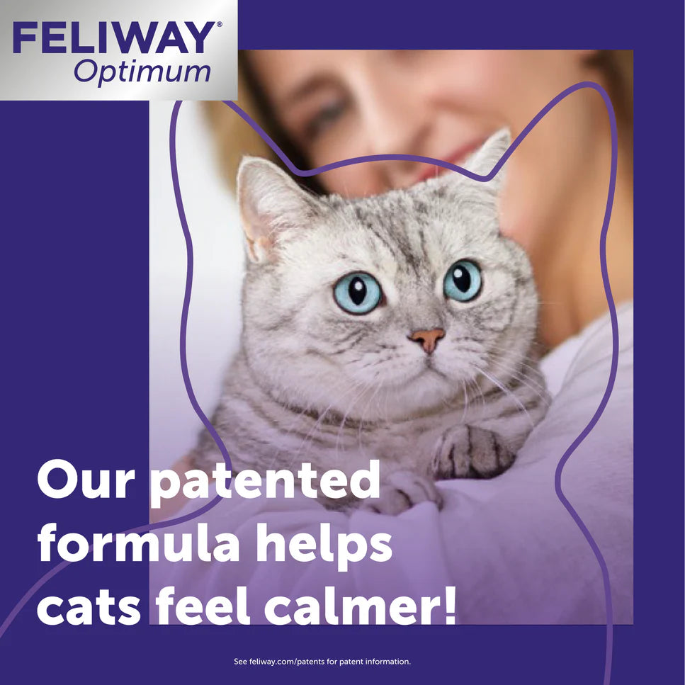 Advertisement for FELIWAY Optimum with a cat being held by a person on a purple background.