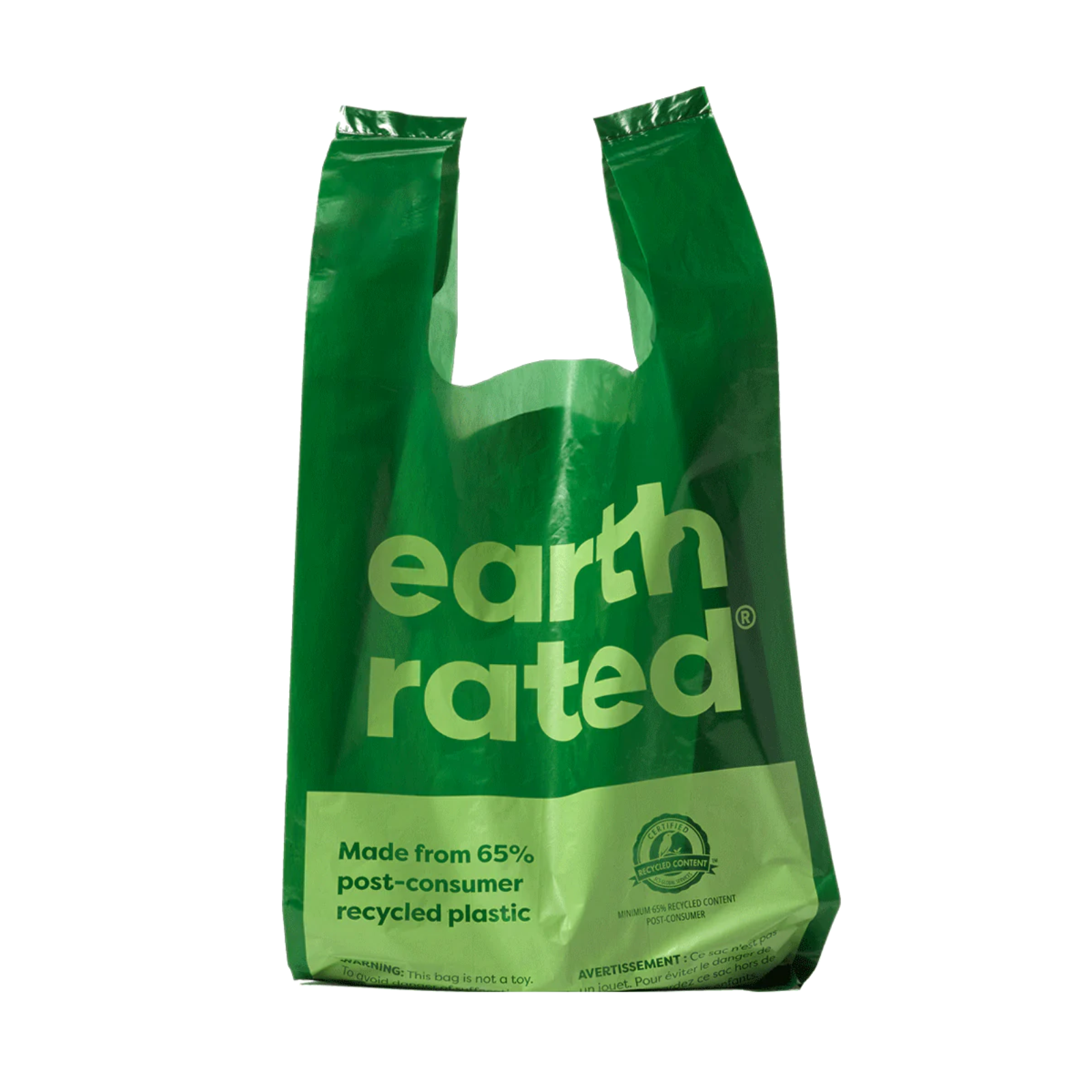 Green 'earth rated' plastic bag on a white background