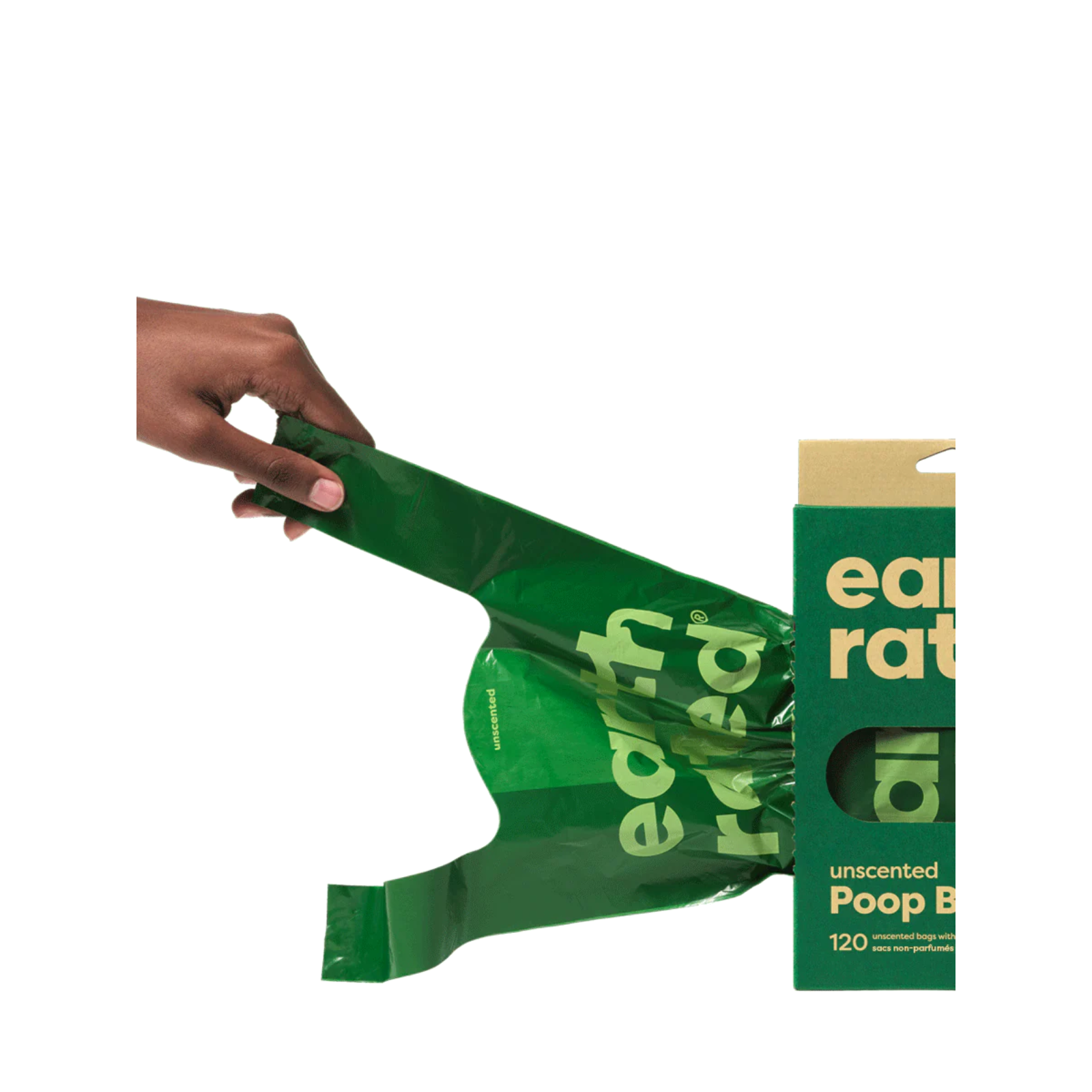 Green Earth Rated poop bag with packaging on a white background