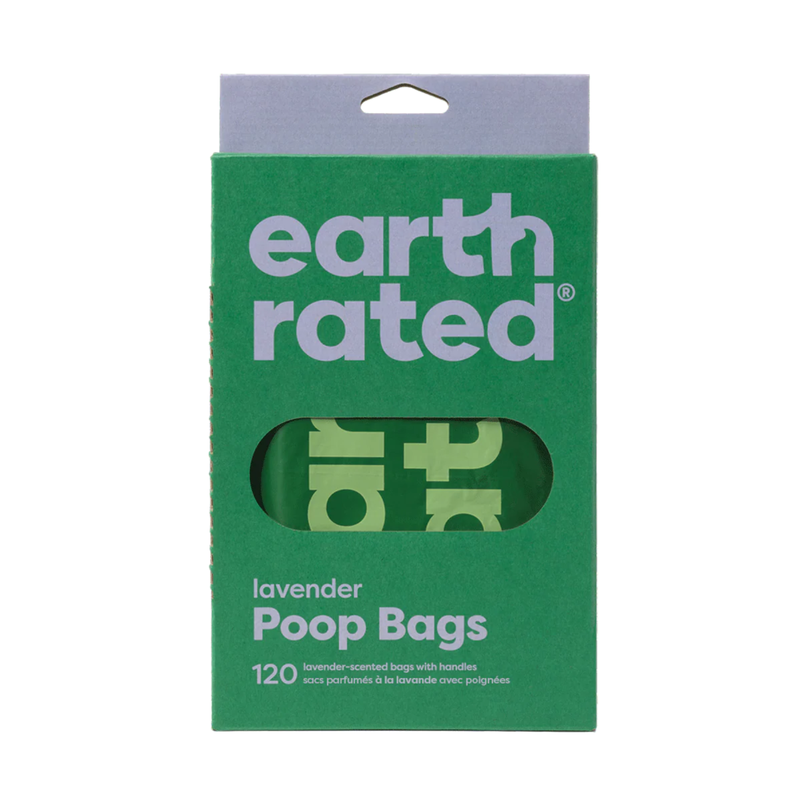 Green package of Earth Rated lavender poop bags on a white background