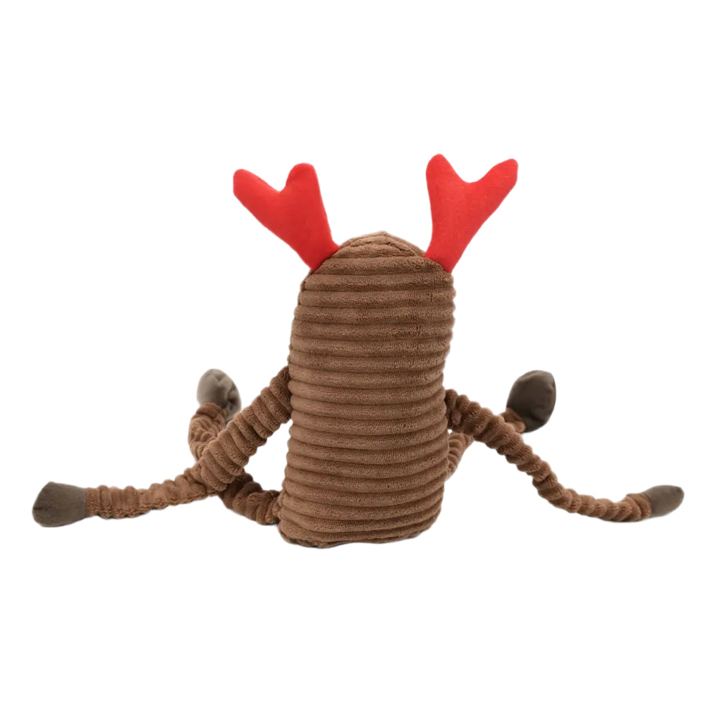 Brown plush reindeer toy with red antlers on a white background
