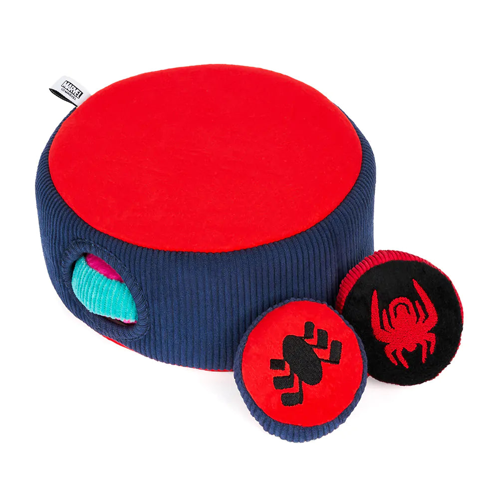 Colorful toy drum with spider design on a white background