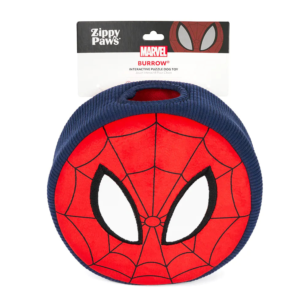 Spider-Man themed dog toy with Zippy Paws packaging on a white background