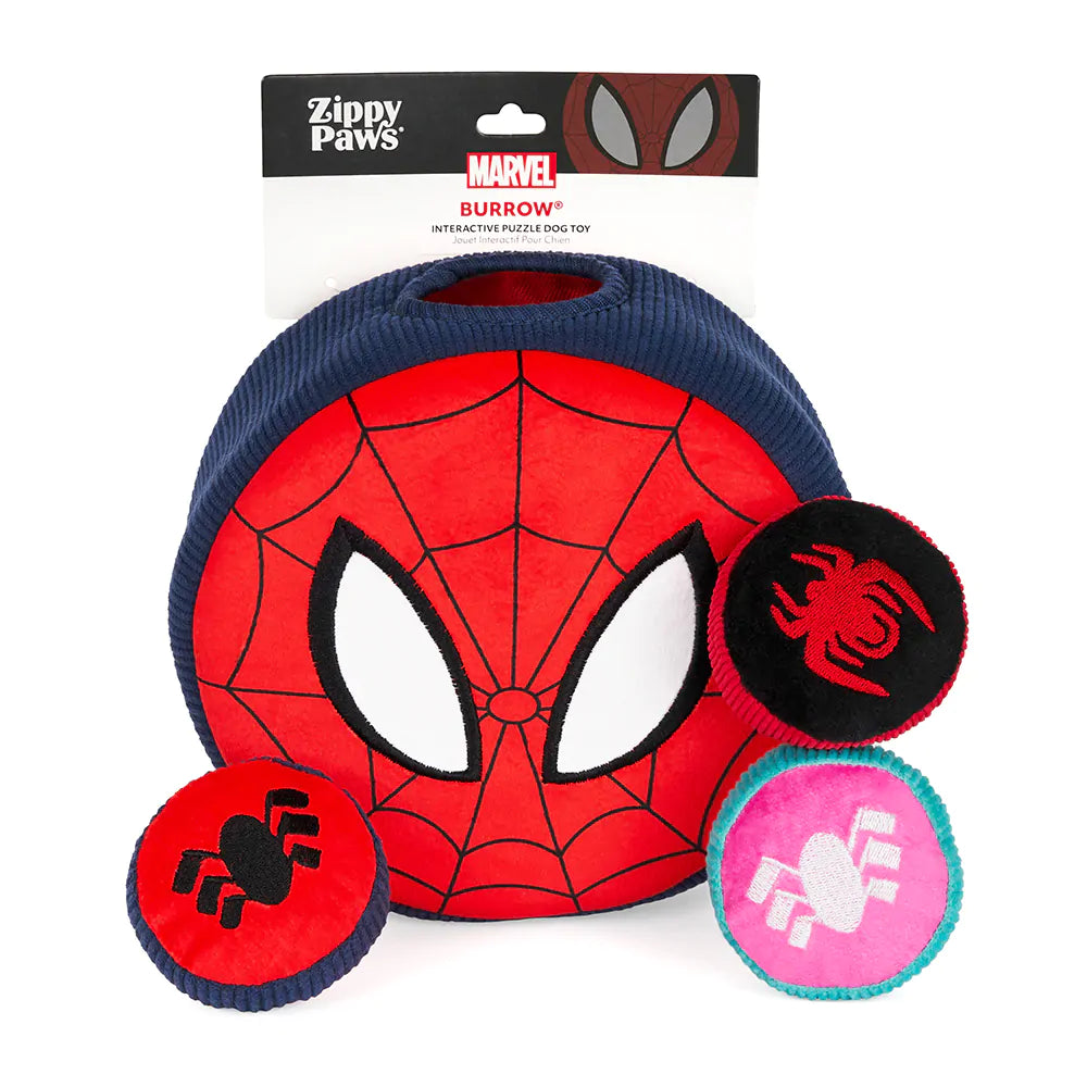 Spider-Man themed dog toy with Zippy Paws branding on a white background