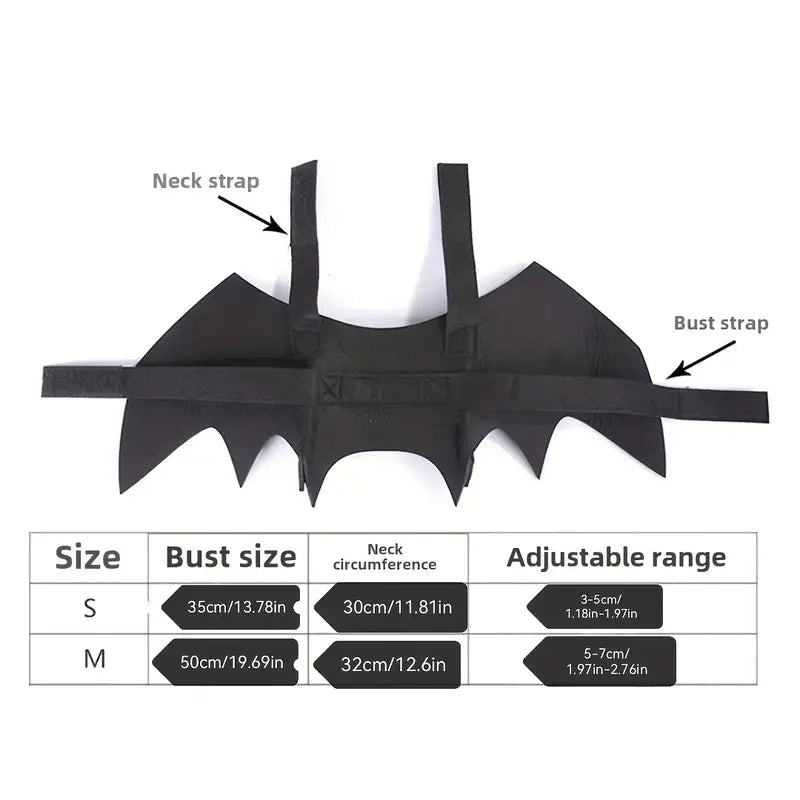 Black winged garment with size chart on a white background