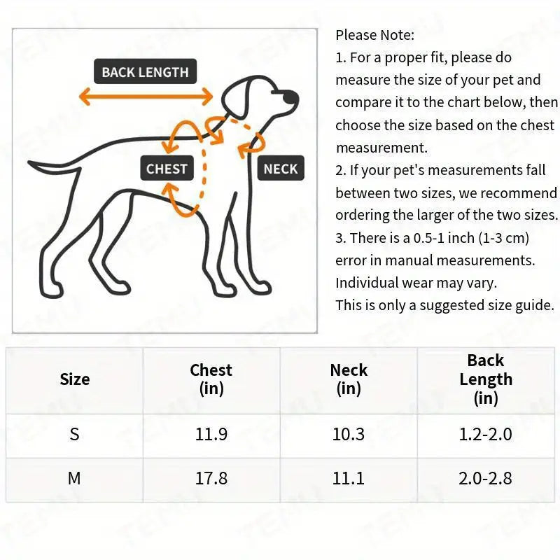 Dog size chart with measurements for chest, neck, and back length on a white background.