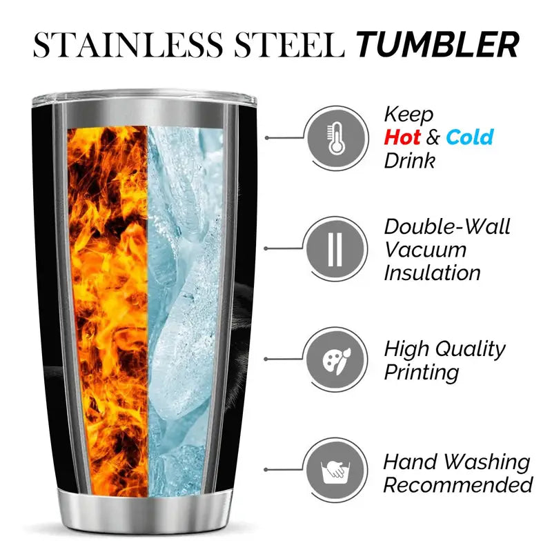 Stainless steel tumbler with thermal insulation features on a white background